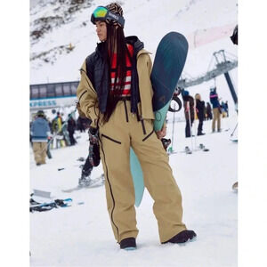 New Free People Movement Zephyr Ski Shell Snow Pants One Piece Bib Tan Brown